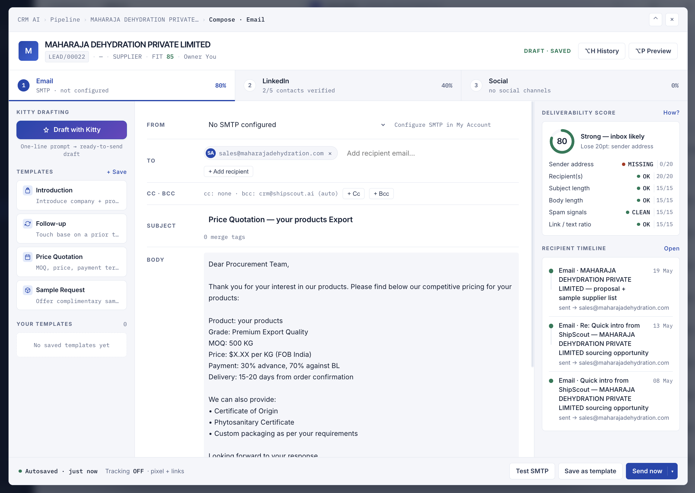 ShipScout CRM AI multi-channel outreach: Email, LinkedIn, Instagram, Facebook, WhatsApp from one panel