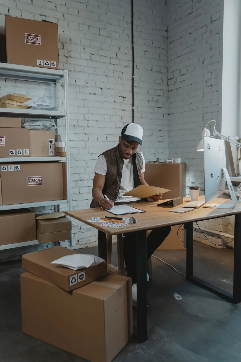 Exporter at his desk doing shipping paperwork, export cartons on the shelves behind him